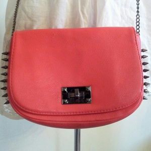 Salmon Pink Spiked Crossbody With Chain Strap